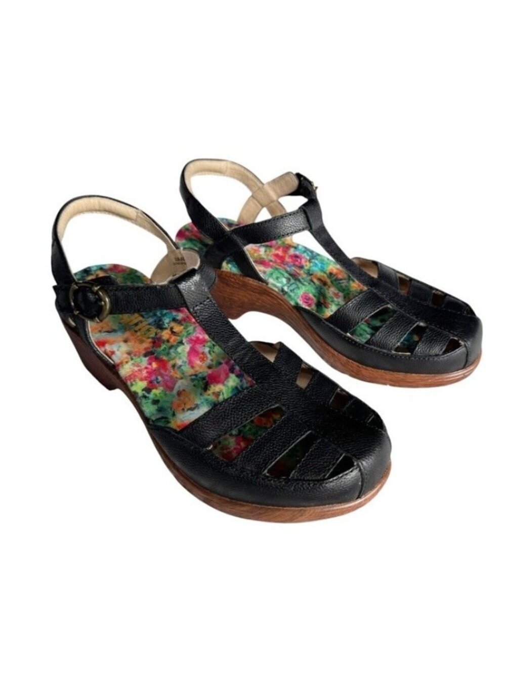 Alegria Womens Sz 37 (6.5) Summer Black Leather Wedge Sandals T Strap Closed Toe